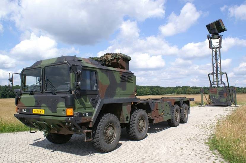 Een TRML-luchtbeeldbewakingsradar uitgeklapt en losstaand op stempels. Op de voorgrond de MAN 8x8 SX2000-vrachtauto die de radar vervoert.
