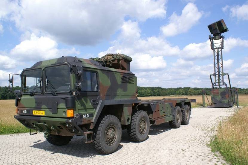 Een TRML-luchtbeeldbewakingsradar uitgeklapt en losstaand op stempels. Op de voorgrond de MAN 8x8 SX2000-vrachtauto die de radar vervoerd.