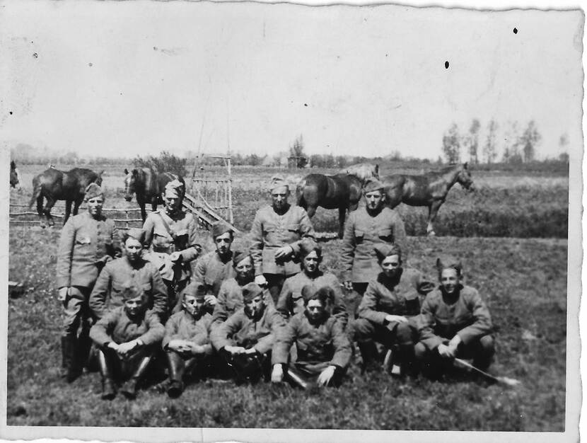 Zwart-witgroepsfoto militairen in weiland met paarden.
