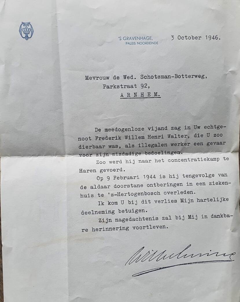 Condoleancebrief van koningin Wilhelmina.