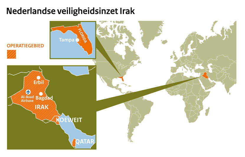 Nederlandse veiligheidsinzet in Irak, uitgelicht op de wereldkaart. Operatiegebied is gearceerd en beslaat Irak, Koeweit, Qatar en Tampa in de Verenigde Staten.