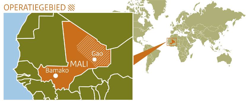 Mali, uitgelicht op wereldkaart. Operatiegebied is gearceerd en beslaat gebied rond Gao in Noord-Oost Mali.