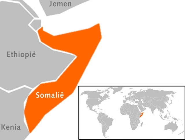 Somalië gearceerd en uitgelicht op wereldkaart.