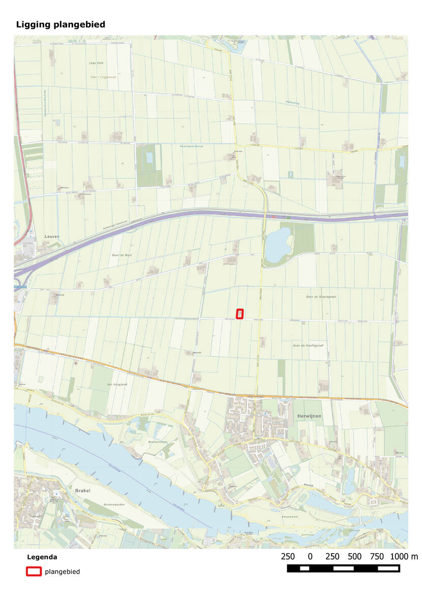 Topografische kaart radartoren Herwijnen. Kaart toont perceel ten noorden van Herwijnen.