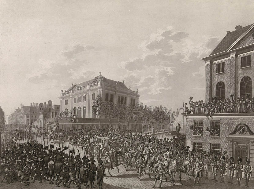 Schilderij van de intocht van Lodewijk Napoleon in Amsterdam1808.