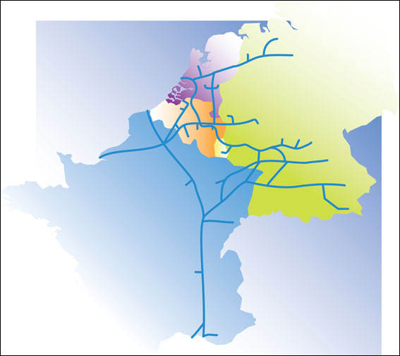 Kaartje West-Europese pijpleidingstelsel. Informatie staat op de pagina Pijpleidingnetwerk onder het onderwerp Defensie pijpleidingen.