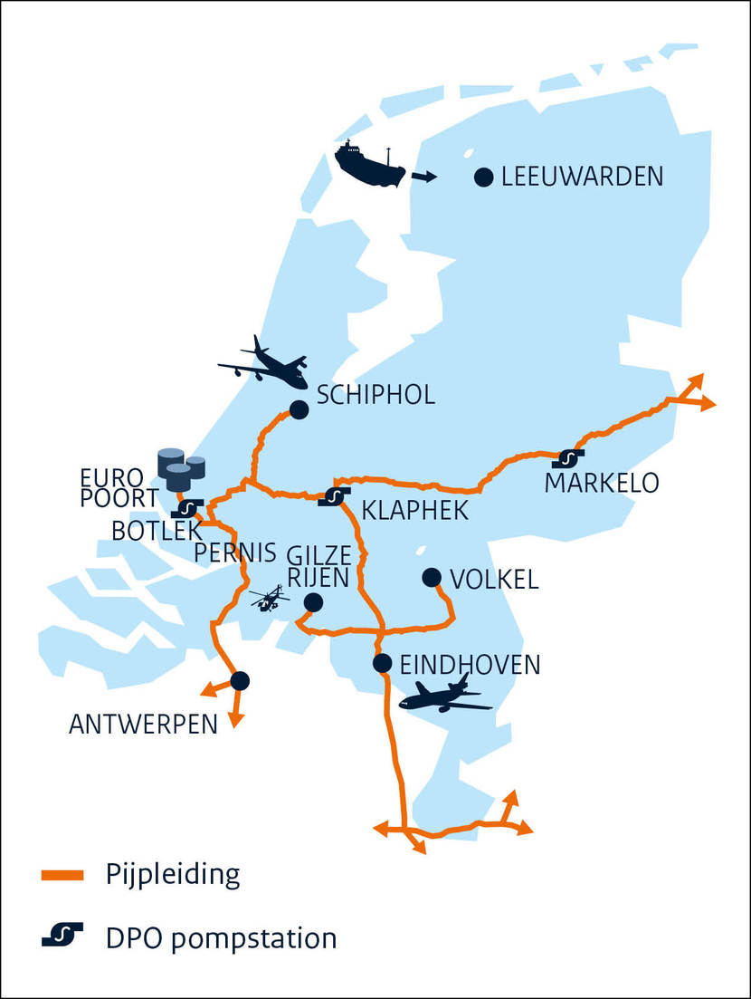 Kaartje Nederland met het DPO pijpleidingnetwerk. Informatie staat op de pagina Pijpleidingnetwerk onder het onderwerp Defensie pijpleidingen.