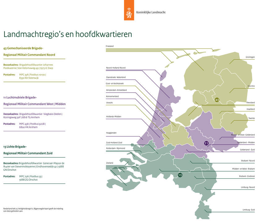 Infographic Landmachtregio's met hoofdkwartieren. Informatie staat op de pagina Samenwerken met partners voor veiligheid.