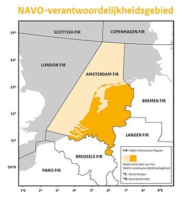 Kaartje Nederlands deel NAVO-verantwoordelijkheidsgebied. Informatie staat op de pagina Verdediging Nederlands luchtruim.