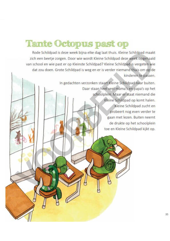 Pagina kinderboekje Thuisfront 'Tante Octopus past op', met schuin erover de tekst Voorbeeld.