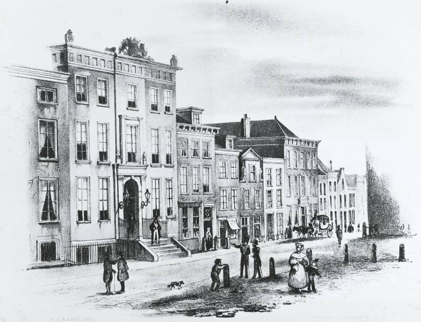 Lithogravure van het Ministerie van Oorlog aan het Plein in Den Haag (1848/1849).