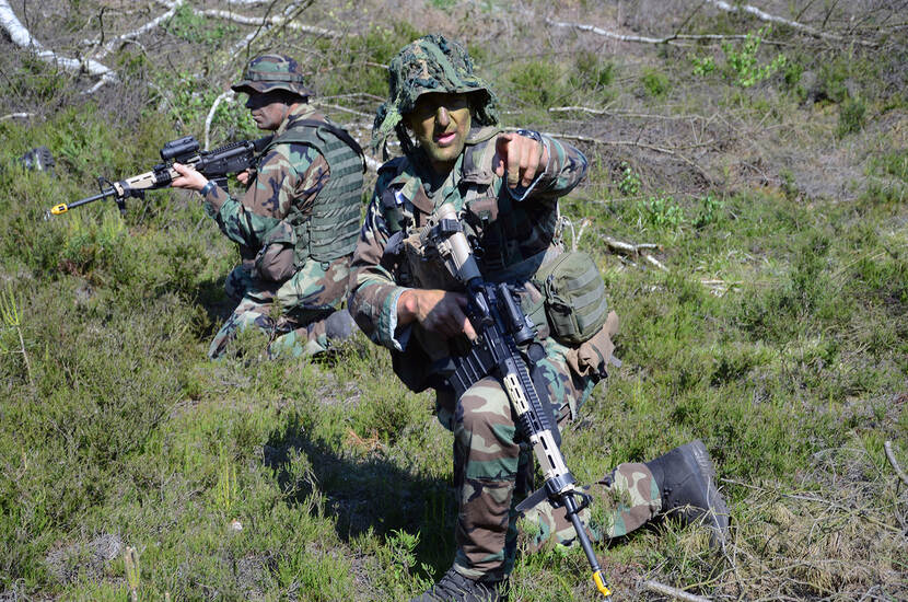 2 gecamoufleerde reservisten met wapen zitten geknield in een heideveld.