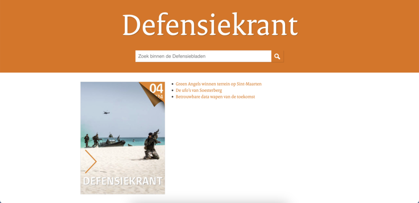 De indexpagina van de Defensiekrant met daarop de cover en drie hoofdonderwerpen.